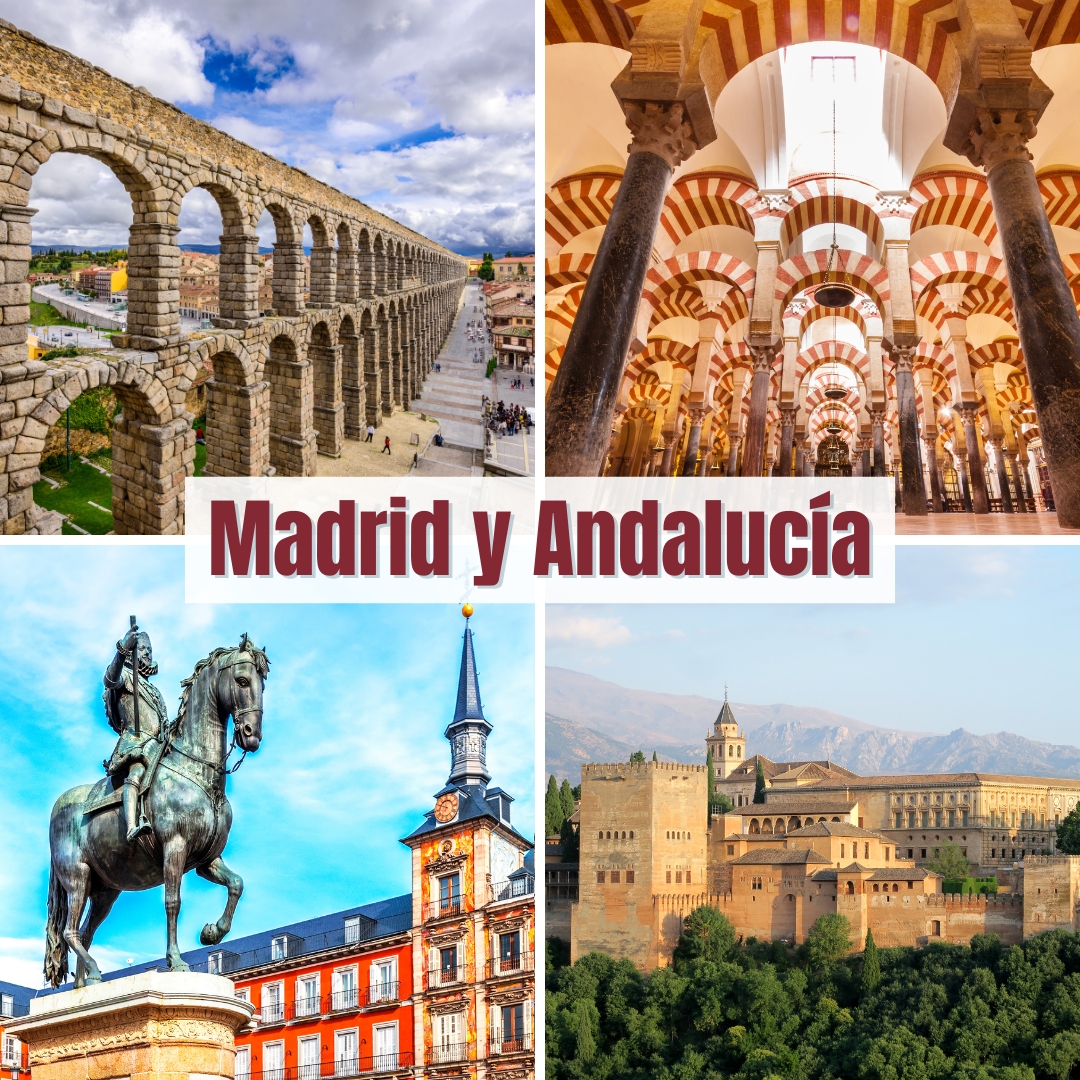 The Aqueduct in Segovia, Spain, La Mezquita in Córdoba, Plaza Mayor in Madrid, La Alhambra in Granada