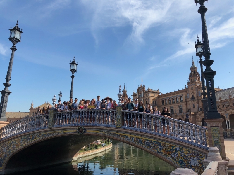 Group on Bridge in Plaza de España in Sevilla